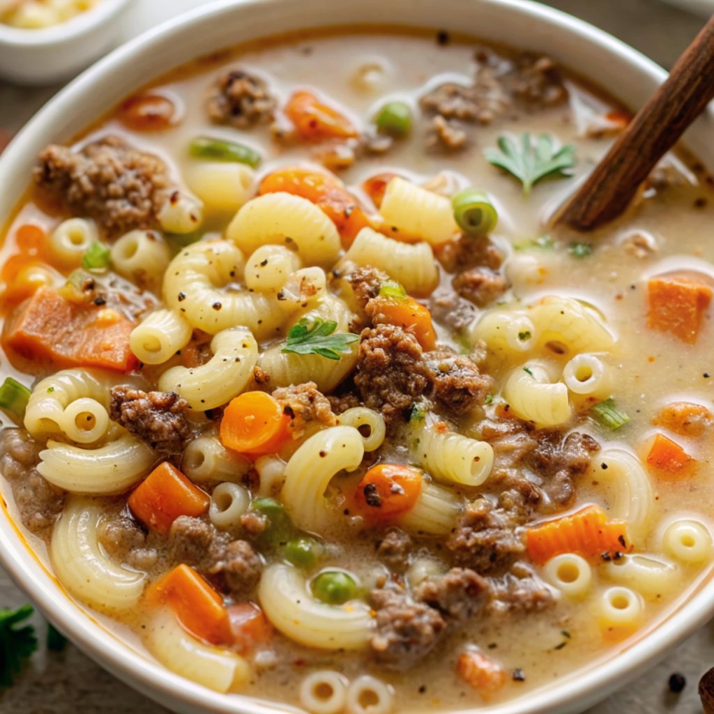 serving one-pot hamburger soup with macaroni