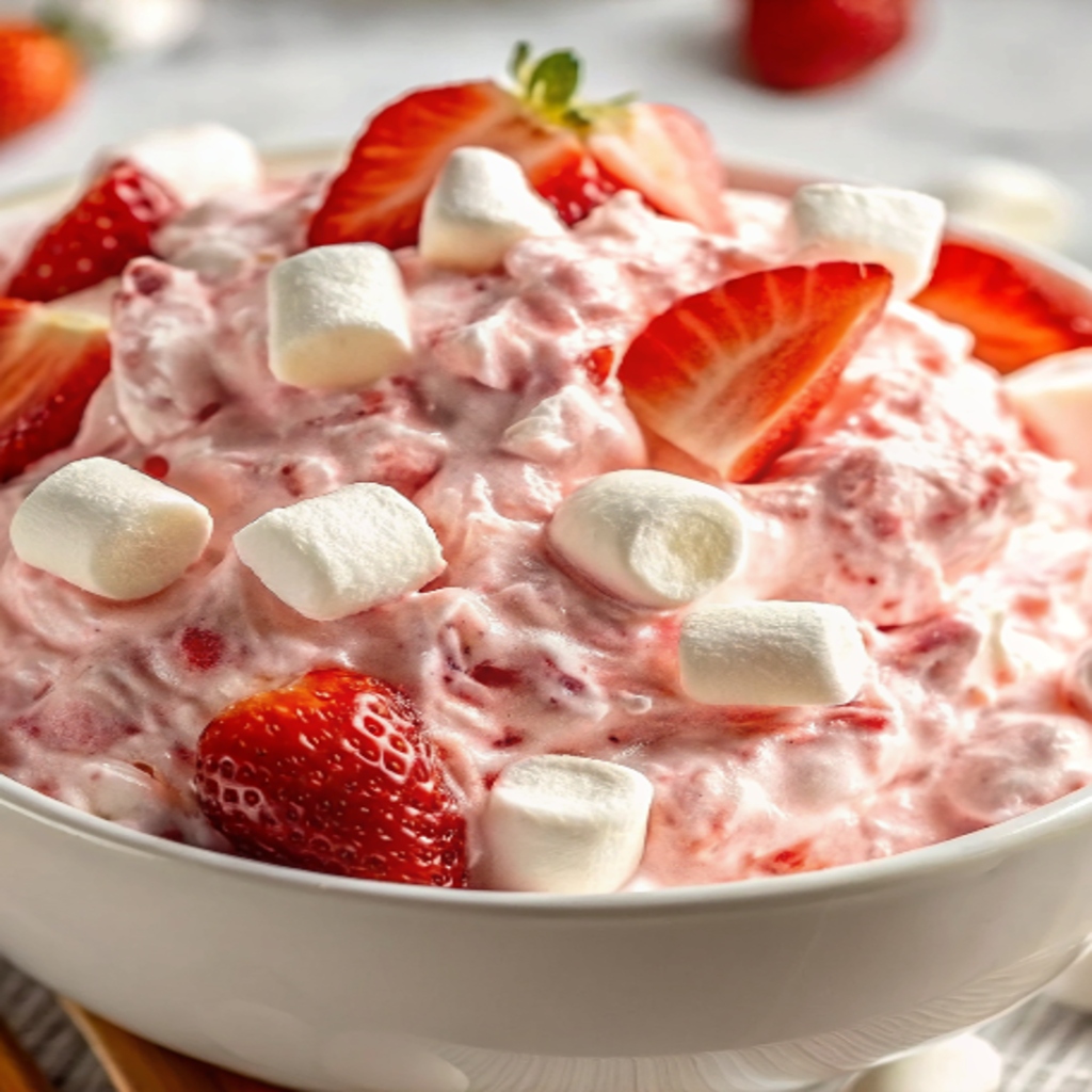 Strawberry fluff salad in trifle bowl with marshmallows and strawberries